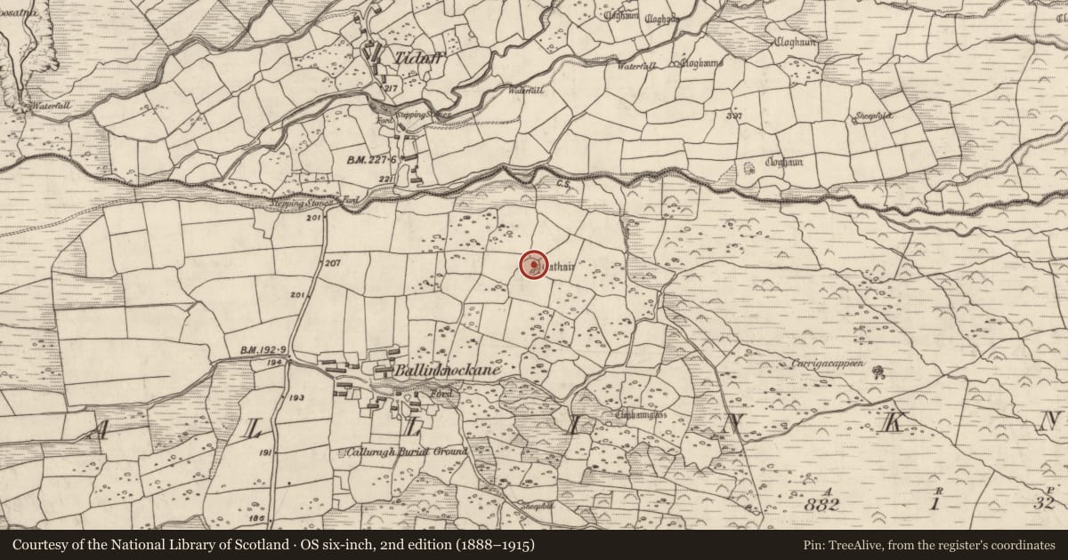 Ordnance Survey six-inch map, 2nd edition (1888–1915) covering the location of Hut site, Baile An Chnocáin (TC Cill Chuain), County Kerry, with a pin at the register's coordinates