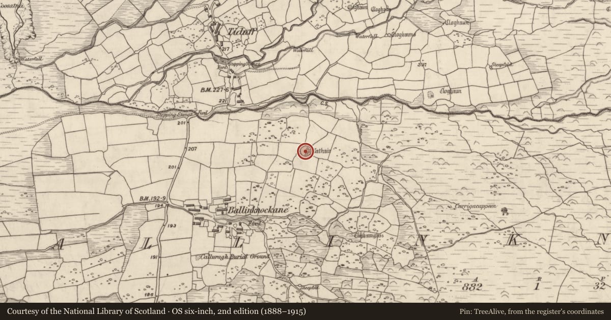 Ordnance Survey six-inch map, 2nd edition (1888–1915) covering the location of Hut site, Baile An Chnocáin (TC Cill Chuain), County Kerry, with a pin at the register's coordinates