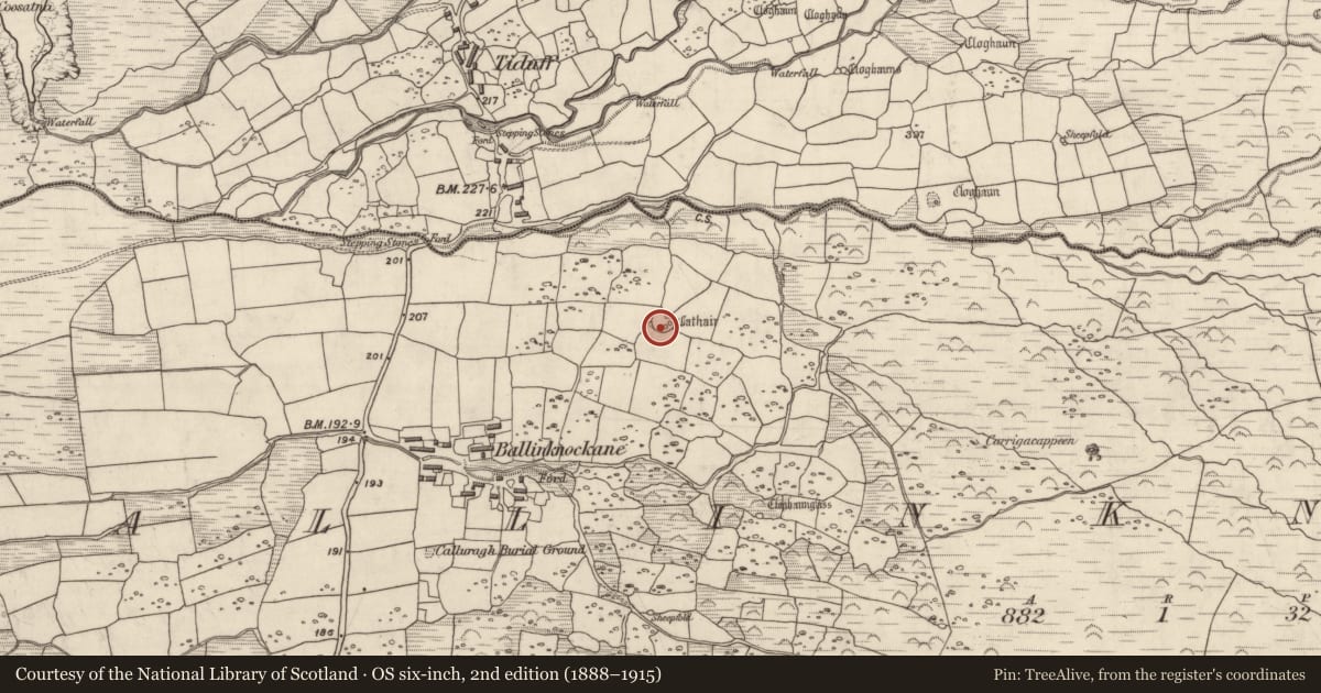 Ordnance Survey six-inch map, 2nd edition (1888–1915) covering the location of Hut site, Baile An Chnocáin (TC Cill Chuain), County Kerry, with a pin at the register's coordinates