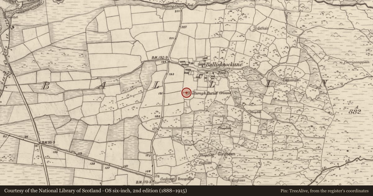 Ordnance Survey six-inch map, 2nd edition (1888–1915) covering the location of Children's burial ground, Baile An Chnocáin (TC Cill Chuain), County Kerry, with a pin at the register's coordinates