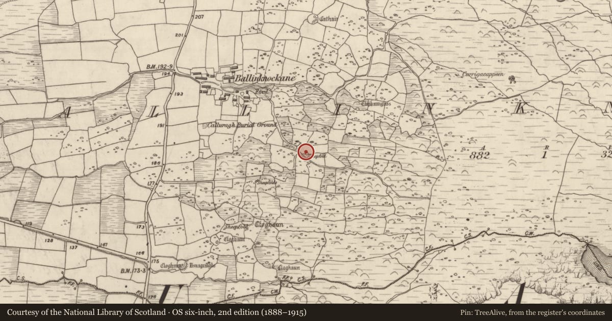 Ordnance Survey six-inch map, 2nd edition (1888–1915) covering the location of Hut site, Baile An Chnocáin (TC Cill Chuain), County Kerry, with a pin at the register's coordinates