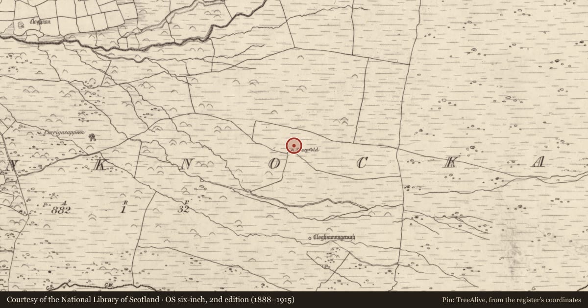 Ordnance Survey six-inch map, 2nd edition (1888–1915) covering the location of Hut site, Baile An Chnocáin (TC Cill Chuain), County Kerry, with a pin at the register's coordinates