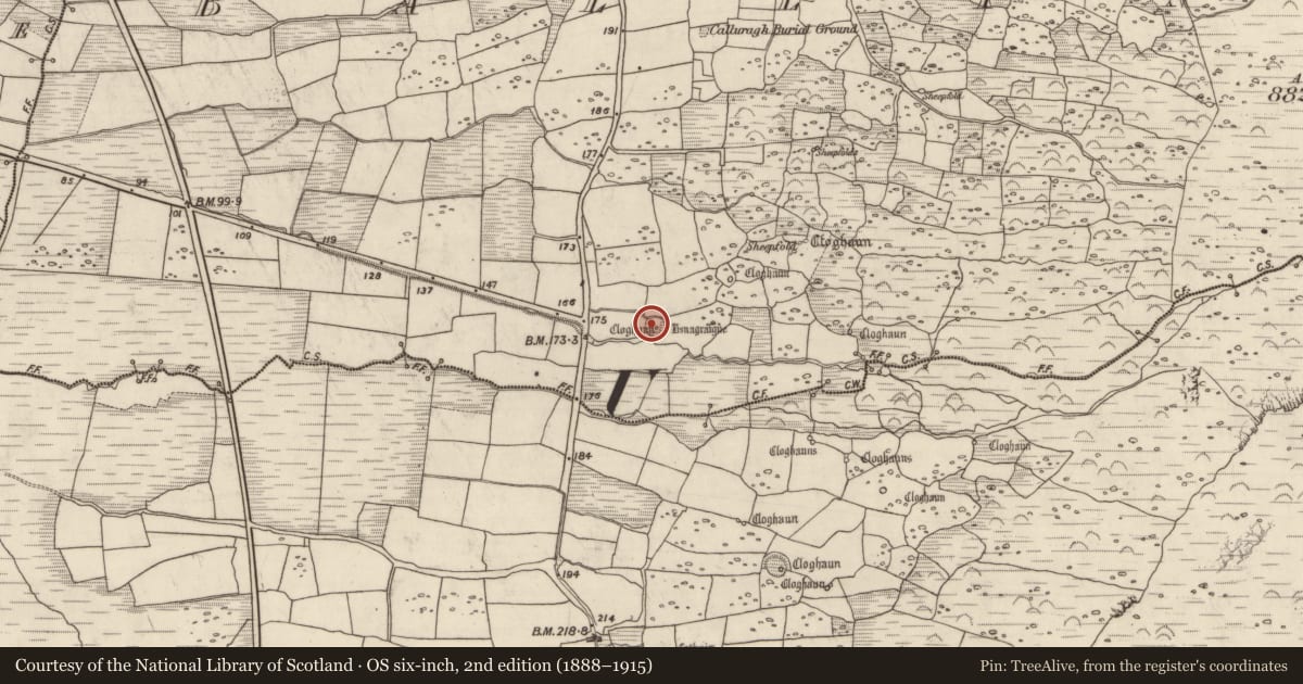 Ordnance Survey six-inch map, 2nd edition (1888–1915) covering the location of Ringfort - rath, Baile An Chnocáin (TC Cill Chuain), County Kerry, with a pin at the register's coordinates