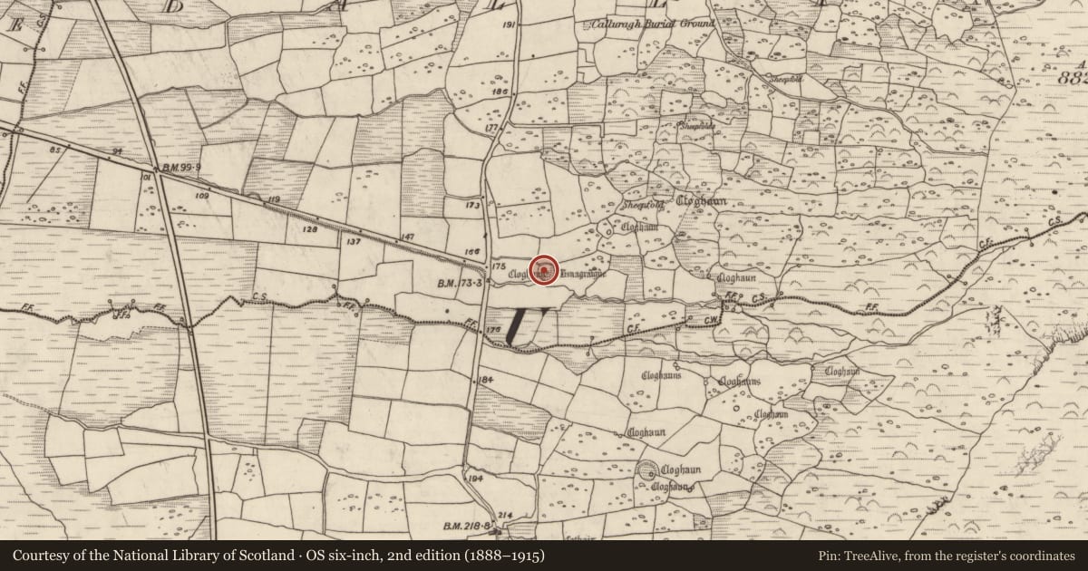 Ordnance Survey six-inch map, 2nd edition (1888–1915) covering the location of Clochan, Baile An Chnocáin (TC Cill Chuain), County Kerry, with a pin at the register's coordinates