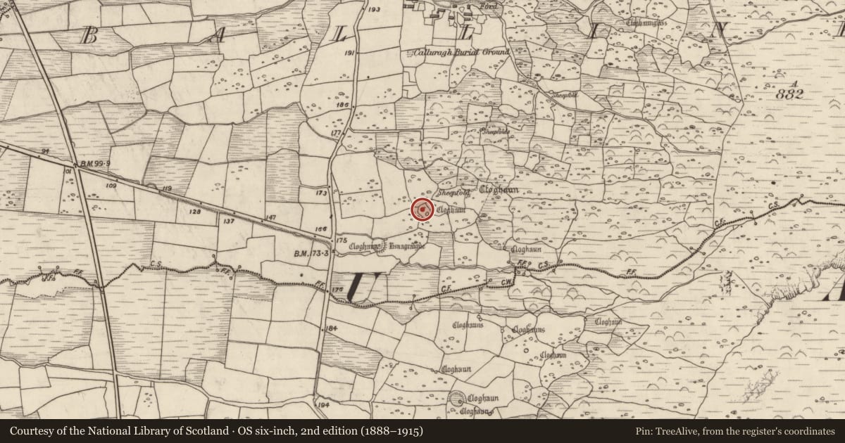 Ordnance Survey six-inch map, 2nd edition (1888–1915) covering the location of Ringfort - cashel, Baile An Chnocáin (TC Cill Chuain), County Kerry, with a pin at the register's coordinates