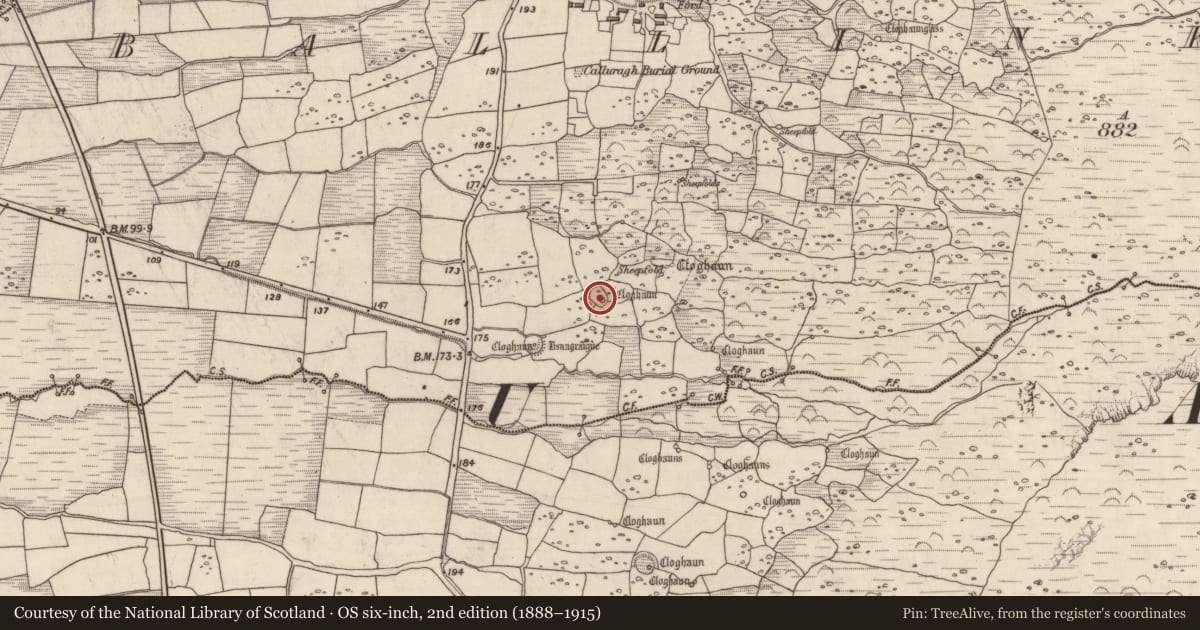 Ordnance Survey six-inch map, 2nd edition (1888–1915) covering the location of Hut site, Baile An Chnocáin (TC Cill Chuain), County Kerry, with a pin at the register's coordinates