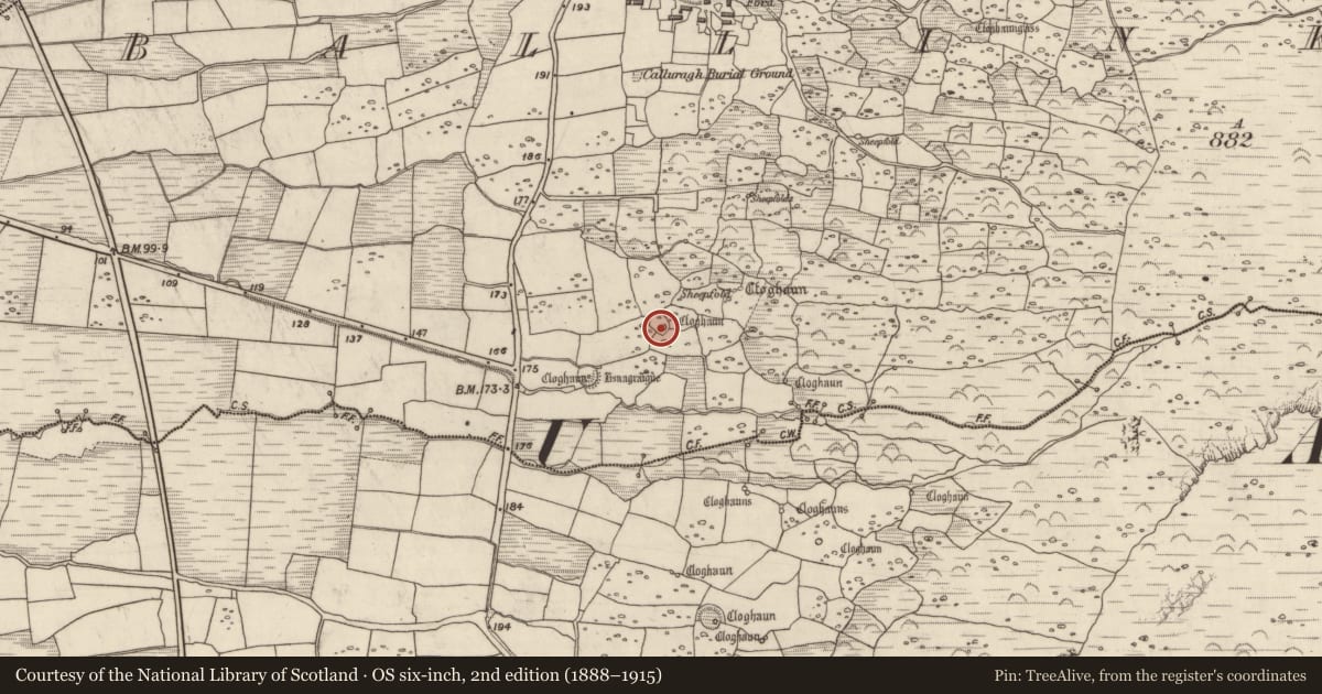 Ordnance Survey six-inch map, 2nd edition (1888–1915) covering the location of Hut site, Baile An Chnocáin (TC Cill Chuain), County Kerry, with a pin at the register's coordinates