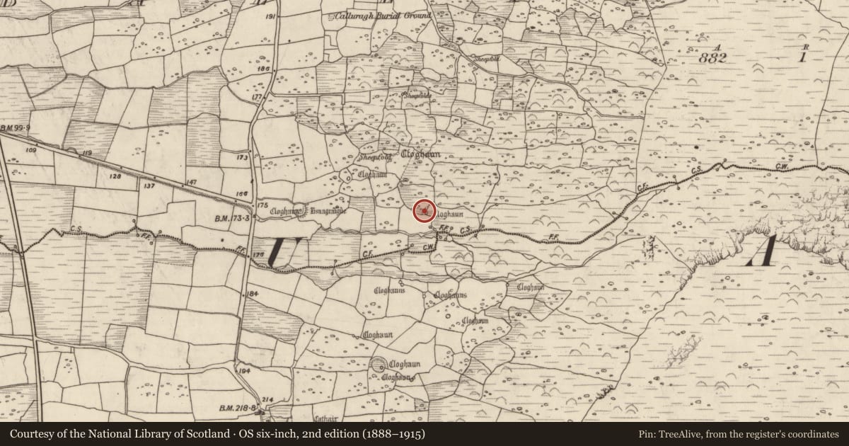 Ordnance Survey six-inch map, 2nd edition (1888–1915) covering the location of Hut site, Baile An Chnocáin (TC Cill Chuain), County Kerry, with a pin at the register's coordinates