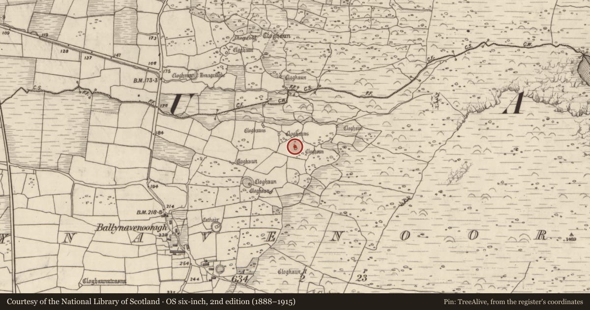 Ordnance Survey six-inch map, 2nd edition (1888–1915) covering the location of Clochan, Baile Na Bhfionnúrach, County Kerry, with a pin at the register's coordinates