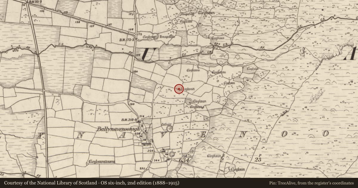 Ordnance Survey six-inch map, 2nd edition (1888–1915) covering the location of Hut site, Baile Na Bhfionnúrach, County Kerry, with a pin at the register's coordinates