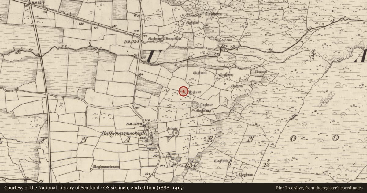 Ordnance Survey six-inch map, 2nd edition (1888–1915) covering the location of Hut site, Baile Na Bhfionnúrach, County Kerry, with a pin at the register's coordinates