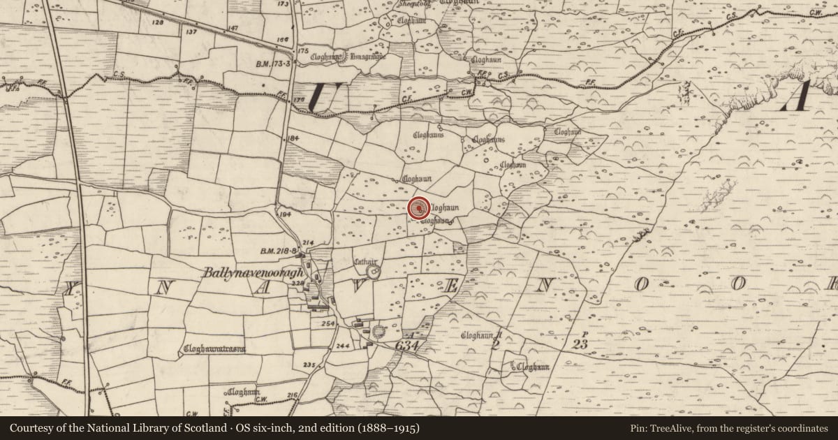 Ordnance Survey six-inch map, 2nd edition (1888–1915) covering the location of Hut site, Baile Na Bhfionnúrach, County Kerry, with a pin at the register's coordinates