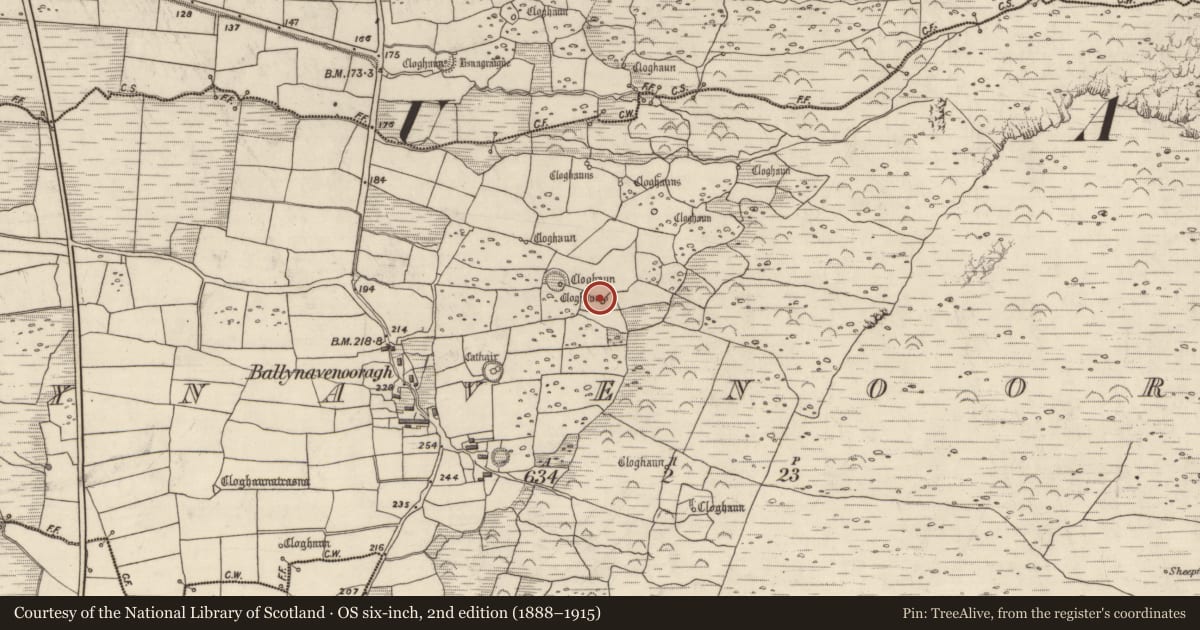 Ordnance Survey six-inch map, 2nd edition (1888–1915) covering the location of Hut site, Baile Na Bhfionnúrach, County Kerry, with a pin at the register's coordinates