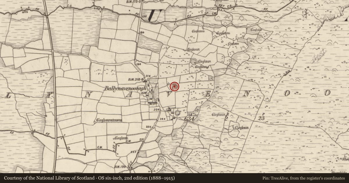 Ordnance Survey six-inch map, 2nd edition (1888–1915) covering the location of Hut site, Baile Na Bhfionnúrach, County Kerry, with a pin at the register's coordinates