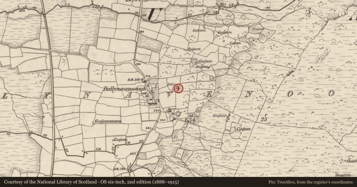 Ordnance Survey six-inch map, 2nd edition (1888–1915) covering the location of Clochan, Baile Na Bhfionnúrach, County Kerry, with a pin at the register's coordinates