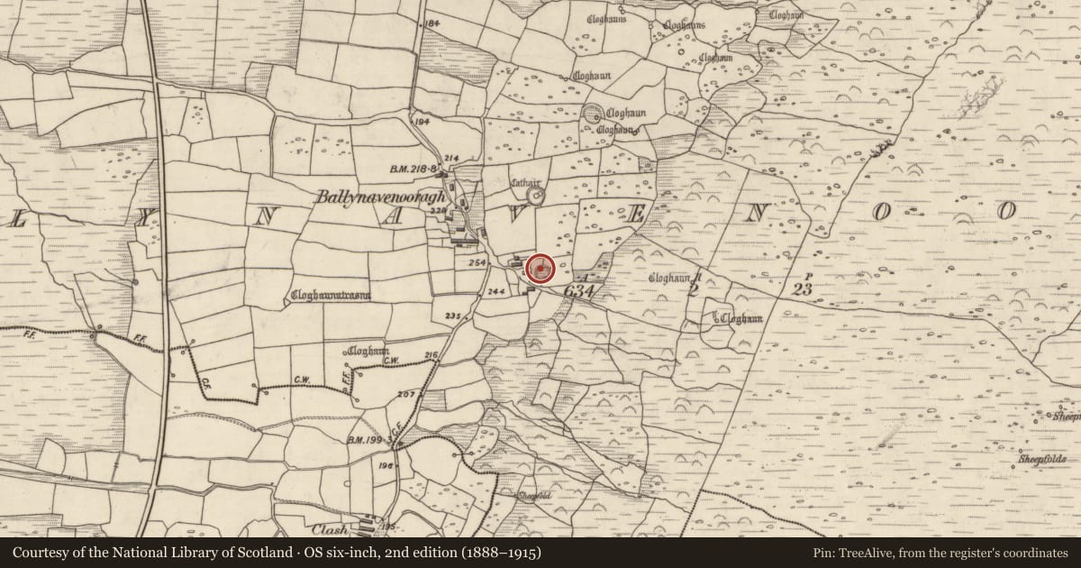 Ordnance Survey six-inch map, 2nd edition (1888–1915) covering the location of Enclosure, Baile Na Bhfionnúrach, County Kerry, with a pin at the register's coordinates