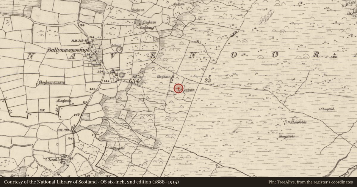 Ordnance Survey six-inch map, 2nd edition (1888–1915) covering the location of Enclosure, Baile Na Bhfionnúrach, County Kerry, with a pin at the register's coordinates
