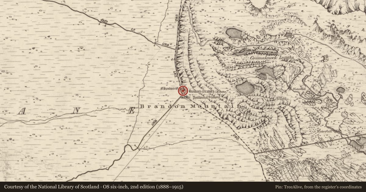 Ordnance Survey six-inch map, 2nd edition (1888–1915) covering the location of Church, An Fhaiche, County Kerry, with a pin at the register's coordinates