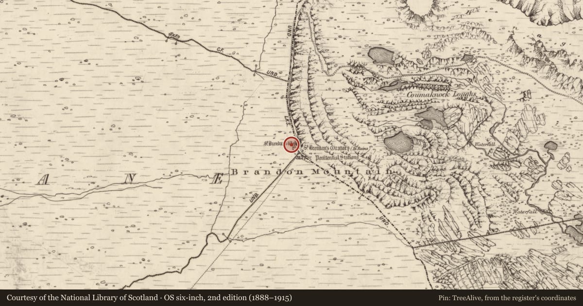Ordnance Survey six-inch map, 2nd edition (1888–1915) covering the location of Cross-inscribed stone, Baile An Chnocáin (TC Cill Chuain), County Kerry, with a pin at the register's coordinates