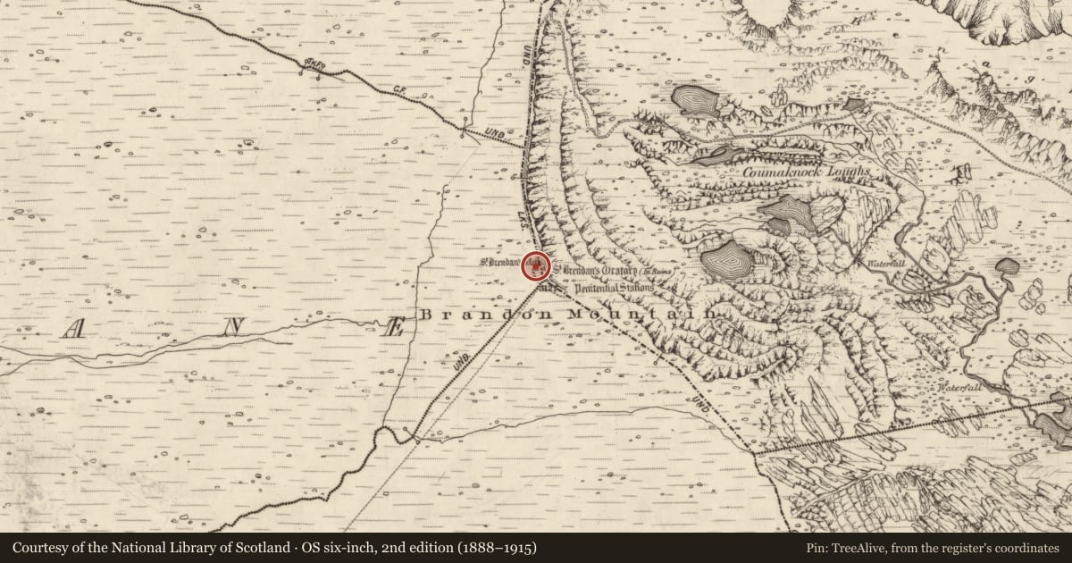 Ordnance Survey six-inch map, 2nd edition (1888–1915) covering the location of Ritual site - holy well, Baile An Chnocáin (TC Cill Chuain), County Kerry, with a pin at the register's coordinates