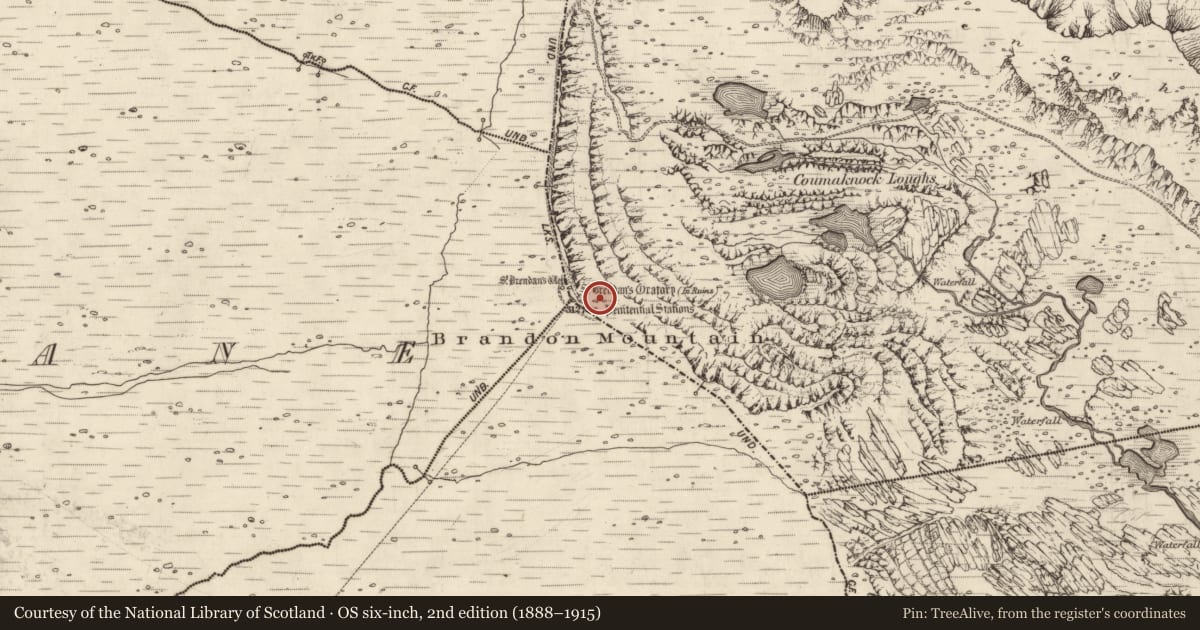 Ordnance Survey six-inch map, 2nd edition (1888–1915) covering the location of Penitential station, An Fhaiche, County Kerry, with a pin at the register's coordinates