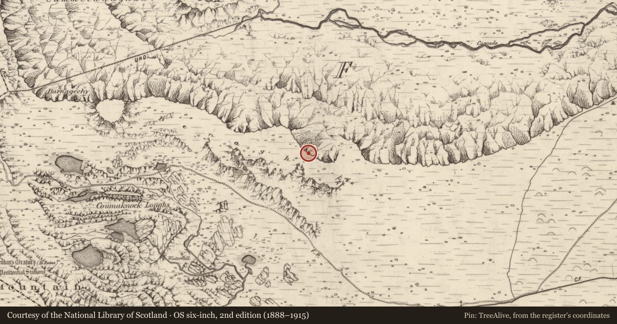 Ordnance Survey six-inch map, 2nd edition (1888–1915) covering the location of Promontory fort - inland, An Fhaiche, County Kerry, with a pin at the register's coordinates