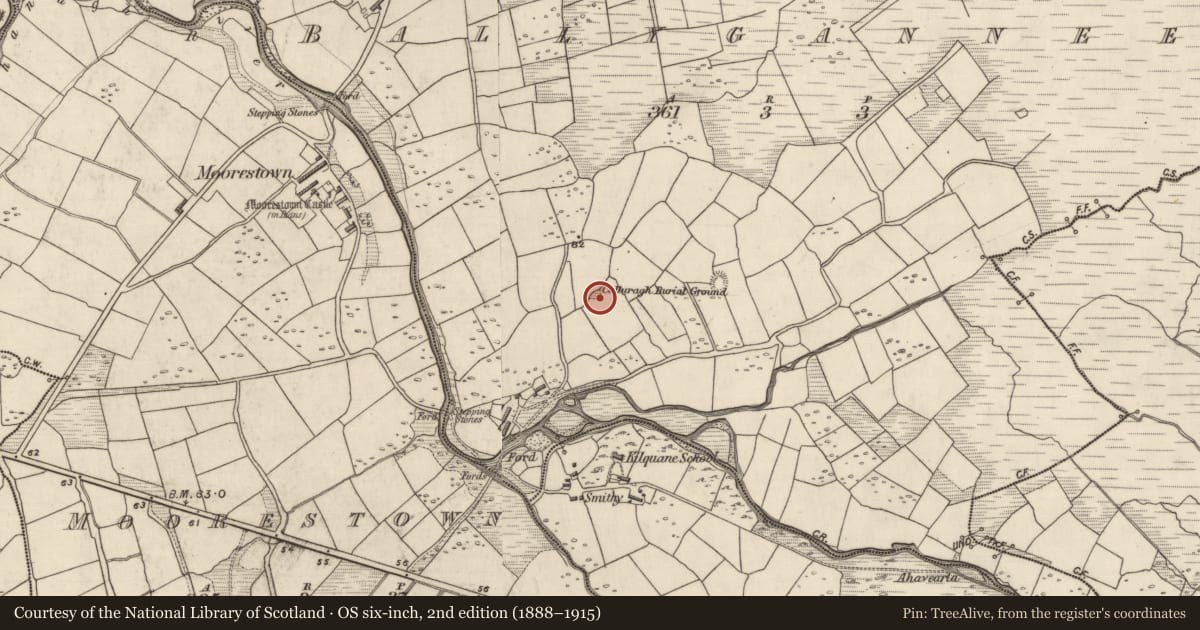 Ordnance Survey six-inch map, 2nd edition (1888–1915) covering the location of Children's burial ground, Baile Ghainín, County Kerry, with a pin at the register's coordinates