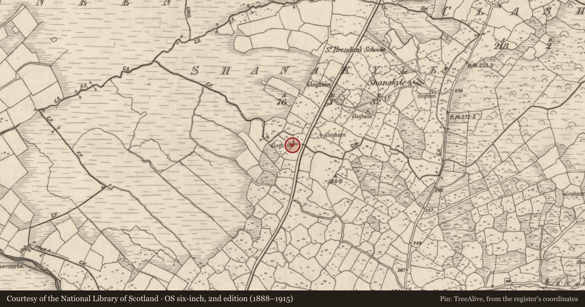 Ordnance Survey six-inch map, 2nd edition (1888–1915) covering the location of Hut site, An Baile Breac, County Kerry, with a pin at the register's coordinates