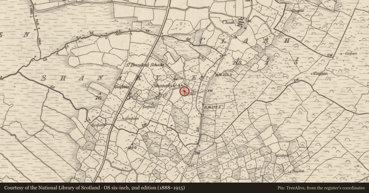 Ordnance Survey six-inch map, 2nd edition (1888–1915) covering the location of Hut site, An Tseanchoill, County Kerry, with a pin at the register's coordinates