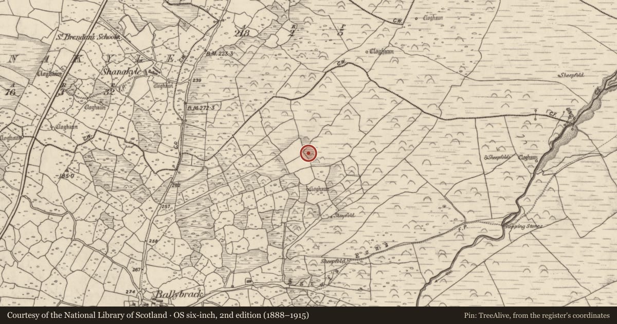 Ordnance Survey six-inch map, 2nd edition (1888–1915) covering the location of Hut site, An Baile Breac, County Kerry, with a pin at the register's coordinates