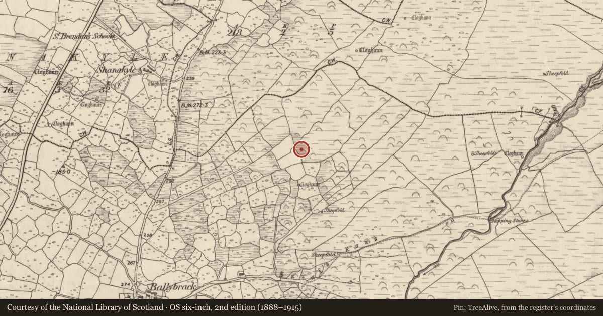 Ordnance Survey six-inch map, 2nd edition (1888–1915) covering the location of Enclosure, An Baile Breac, County Kerry, with a pin at the register's coordinates