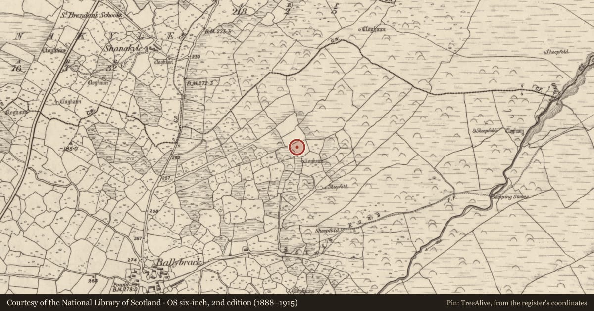 Ordnance Survey six-inch map, 2nd edition (1888–1915) covering the location of Hut site, An Baile Breac, County Kerry, with a pin at the register's coordinates