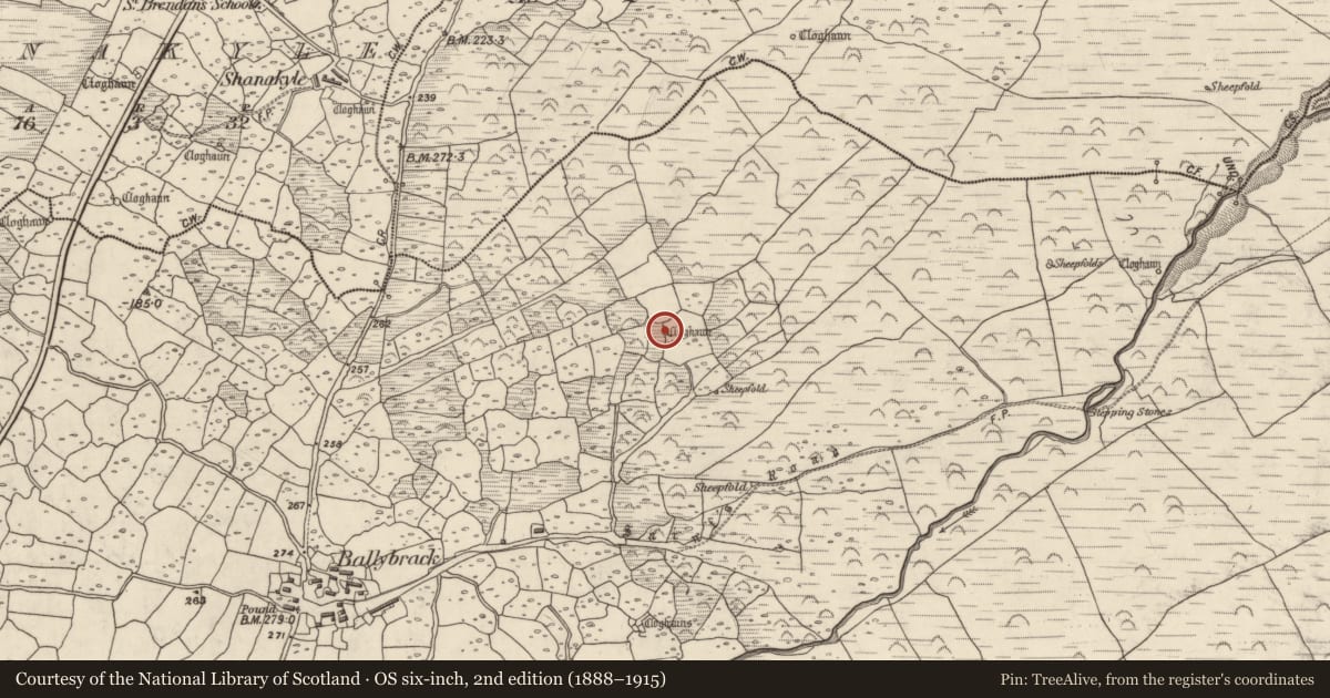 Ordnance Survey six-inch map, 2nd edition (1888–1915) covering the location of Hut site, An Baile Breac, County Kerry, with a pin at the register's coordinates
