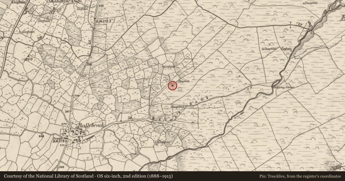 Ordnance Survey six-inch map, 2nd edition (1888–1915) covering the location of Hut site, An Baile Breac, County Kerry, with a pin at the register's coordinates