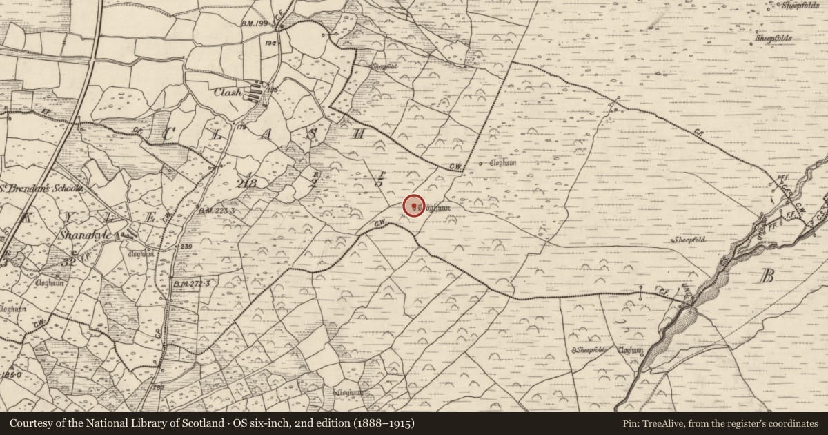 Ordnance Survey six-inch map, 2nd edition (1888–1915) covering the location of Hut site, An Chlais, County Kerry, with a pin at the register's coordinates