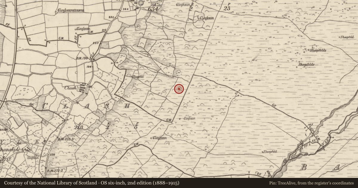 Ordnance Survey six-inch map, 2nd edition (1888–1915) covering the location of Clochan, Baile Na Bhfionnúrach, County Kerry, with a pin at the register's coordinates