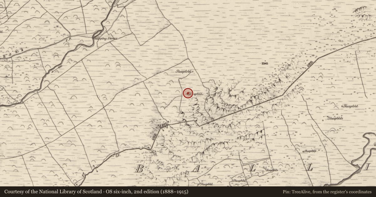 Ordnance Survey six-inch map, 2nd edition (1888–1915) covering the location of Hut site, An Baile Breac, County Kerry, with a pin at the register's coordinates