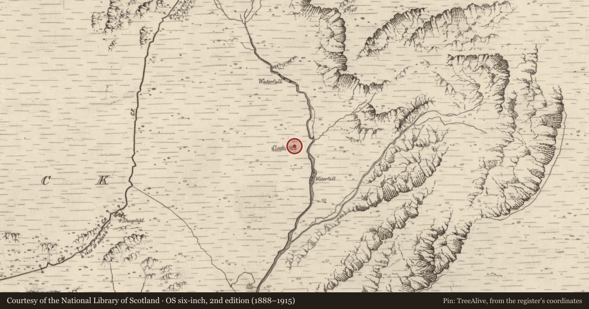 Ordnance Survey six-inch map, 2nd edition (1888–1915) covering the location of Enclosure, Baile An Lochaigh, County Kerry, with a pin at the register's coordinates