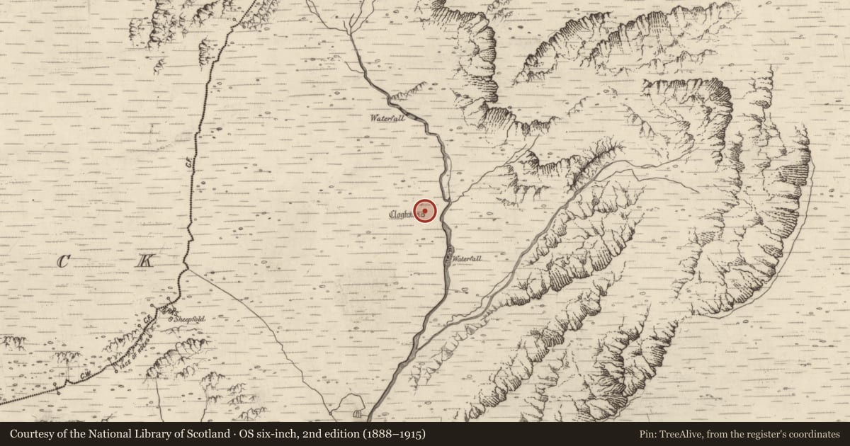 Ordnance Survey six-inch map, 2nd edition (1888–1915) covering the location of Enclosure, Baile An Lochaigh, County Kerry, with a pin at the register's coordinates