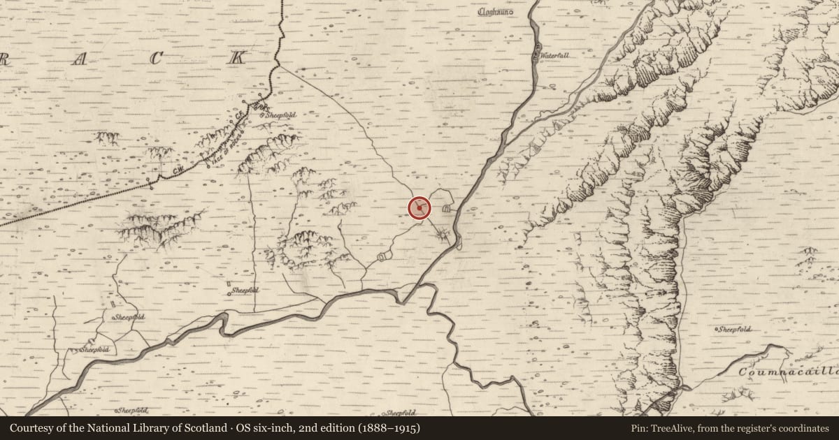 Ordnance Survey six-inch map, 2nd edition (1888–1915) covering the location of Field boundary, Baile An Lochaigh, County Kerry, with a pin at the register's coordinates