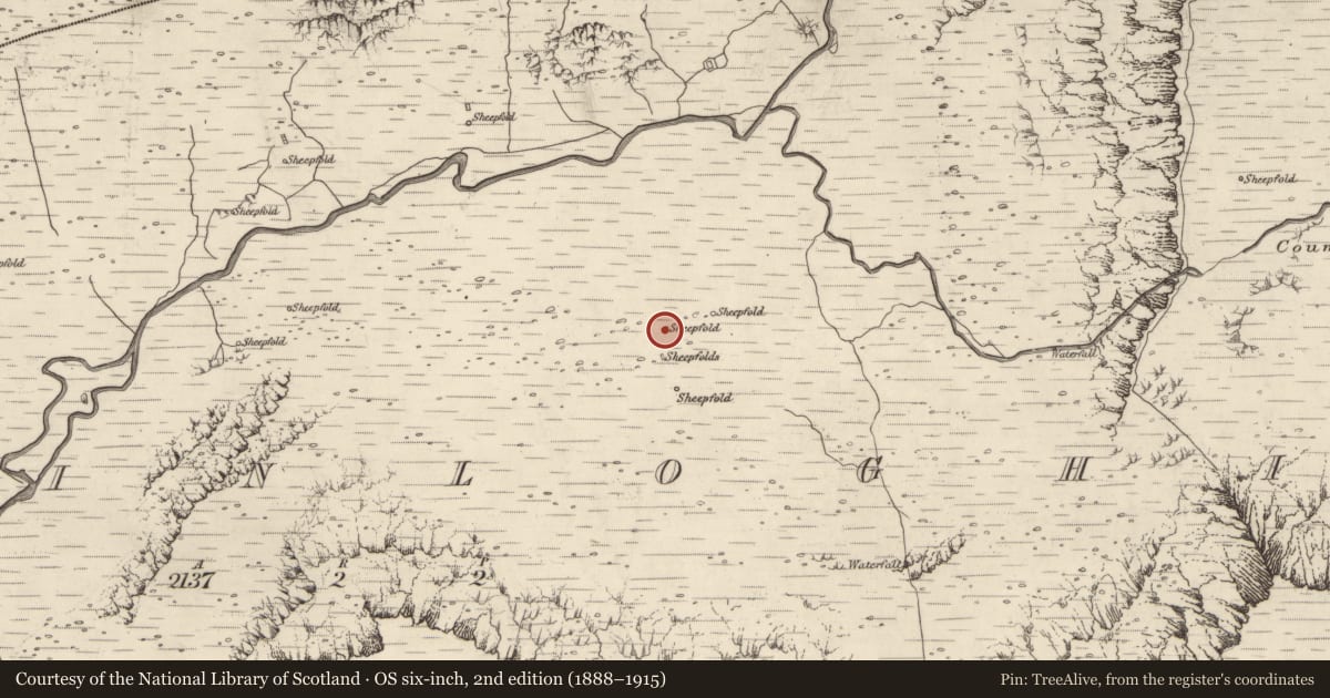 Ordnance Survey six-inch map, 2nd edition (1888–1915) covering the location of Burial ground, Baile An Lochaigh, County Kerry, with a pin at the register's coordinates