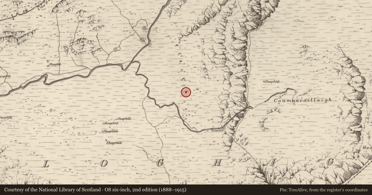 Ordnance Survey six-inch map, 2nd edition (1888–1915) covering the location of Hut site, Baile An Lochaigh, County Kerry, with a pin at the register's coordinates