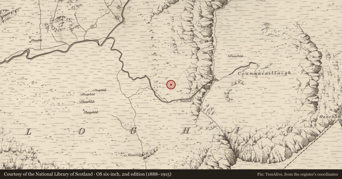 Ordnance Survey six-inch map, 2nd edition (1888–1915) covering the location of Enclosure, Baile An Lochaigh, County Kerry, with a pin at the register's coordinates