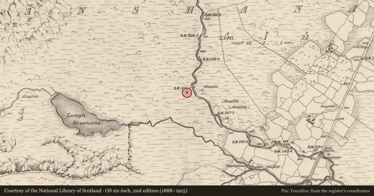 Ordnance Survey six-inch map, 2nd edition (1888–1915) covering the location of Hut site, Gleann Seanchoirp, County Kerry, with a pin at the register's coordinates