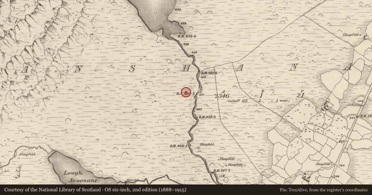 Ordnance Survey six-inch map, 2nd edition (1888–1915) covering the location of Hut site, Gleann Seanchoirp, County Kerry, with a pin at the register's coordinates