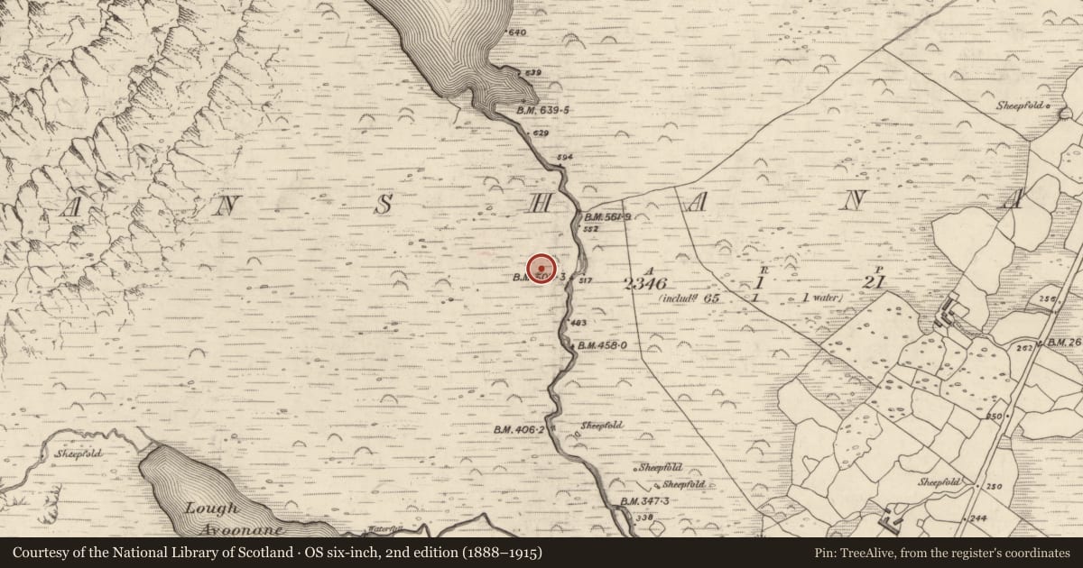 Ordnance Survey six-inch map, 2nd edition (1888–1915) covering the location of Hut site, Gleann Seanchoirp, County Kerry, with a pin at the register's coordinates