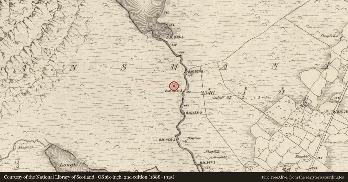 Ordnance Survey six-inch map, 2nd edition (1888–1915) covering the location of Hut site, Gleann Seanchoirp, County Kerry, with a pin at the register's coordinates