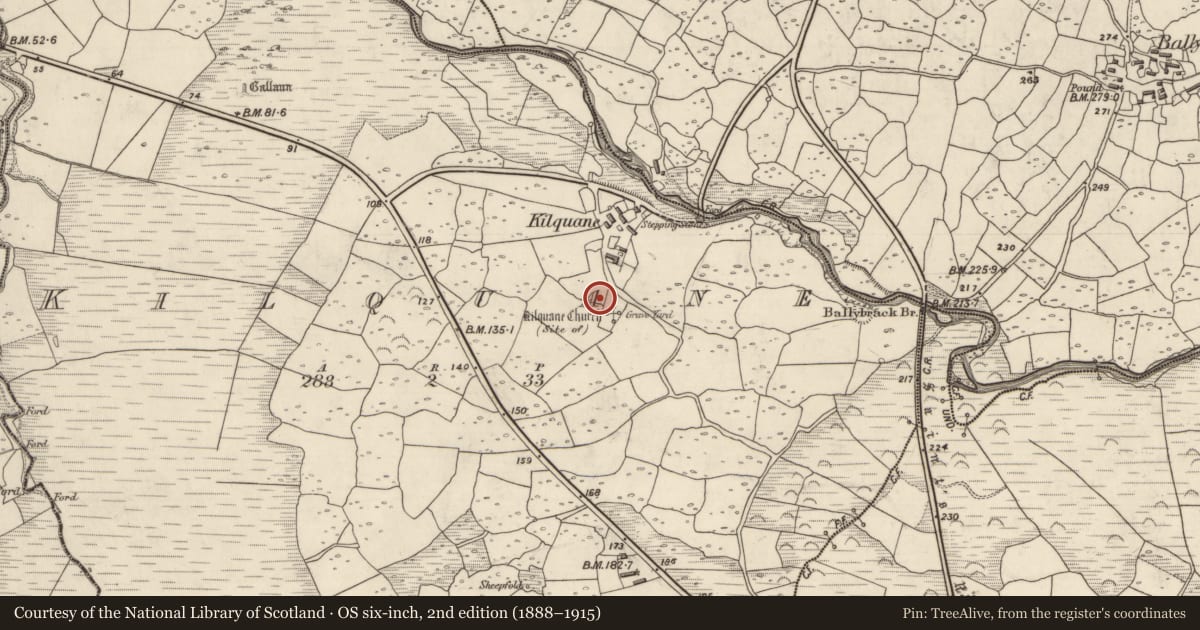 Ordnance Survey six-inch map, 2nd edition (1888–1915) covering the location of Ecclesiastical enclosure, Cill Chuáin, County Kerry, with a pin at the register's coordinates