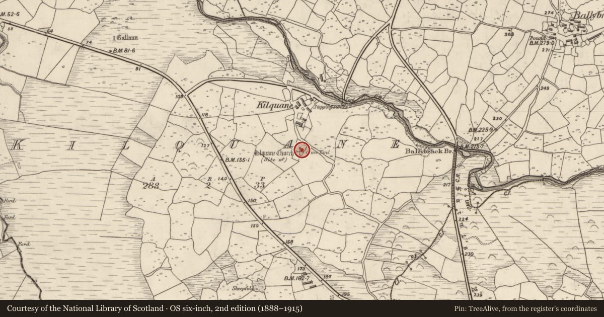 Ordnance Survey six-inch map, 2nd edition (1888–1915) covering the location of Church, Cill Chuáin, County Kerry, with a pin at the register's coordinates