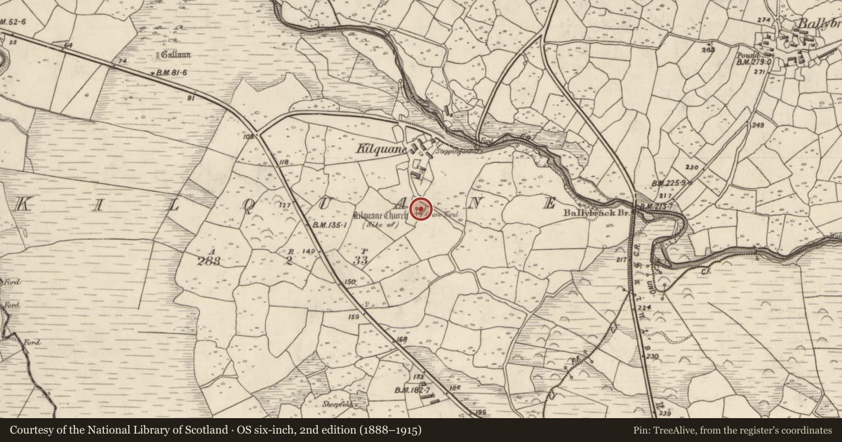 Ordnance Survey six-inch map, 2nd edition (1888–1915) covering the location of Graveyard, Cill Chuáin, County Kerry, with a pin at the register's coordinates